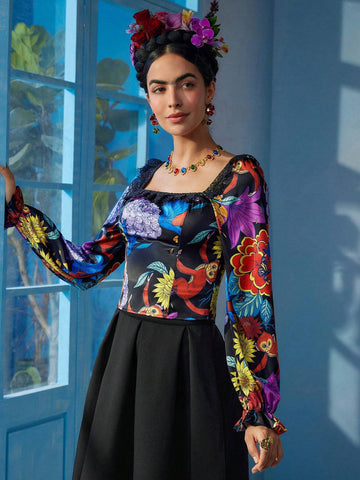 Floral Print Lace Panel Square Neck Flare Sleeve Blouse