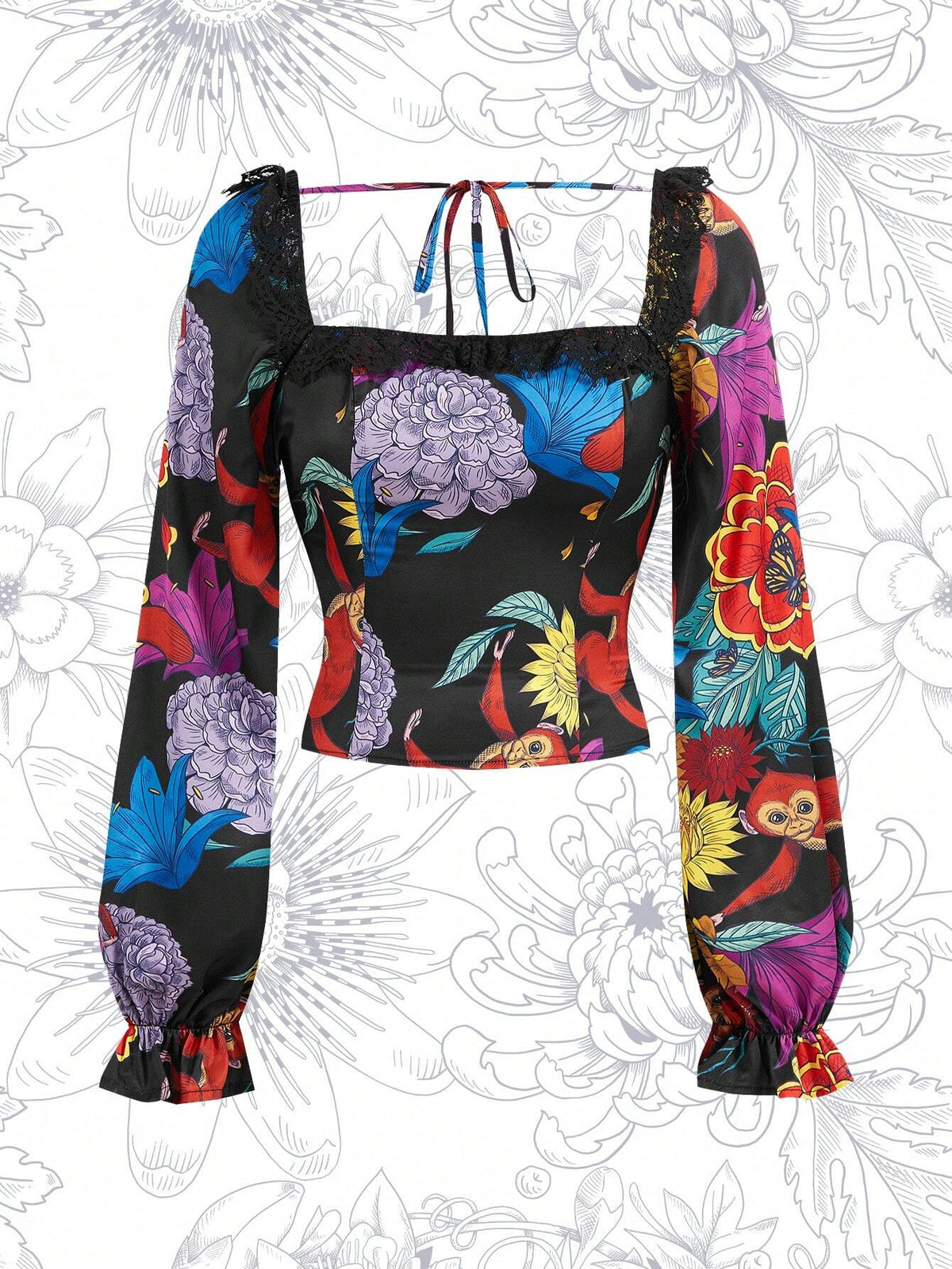 Floral Print Lace Panel Square Neck Flare Sleeve Blouse
