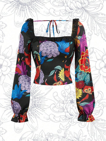 Floral Print Lace Panel Square Neck Flare Sleeve Blouse