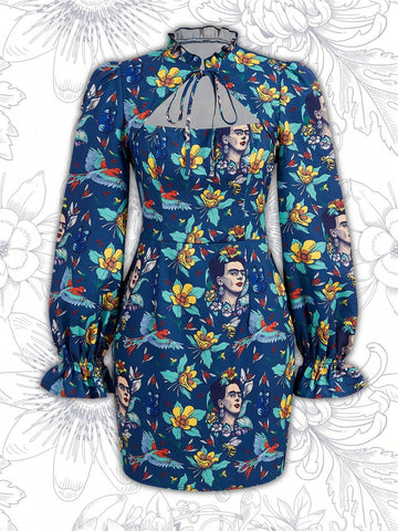 Women's Navy Blue Bridgerton Style Plants Floral & Frida Figure Frill Tie Neck Cutout Front