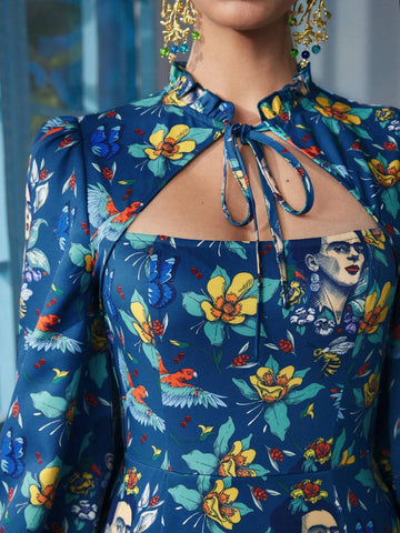 Women's Navy Blue Bridgerton Style Plants Floral & Frida Figure Frill Tie Neck Cutout Front
