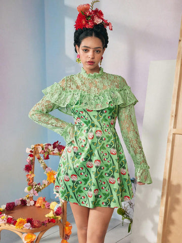 Designer Caterine Sanchez Floral Printed And Lace Flounce Short Dress