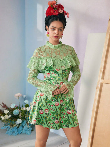 Designer Caterine Sanchez Floral Printed And Lace Flounce Short Dress