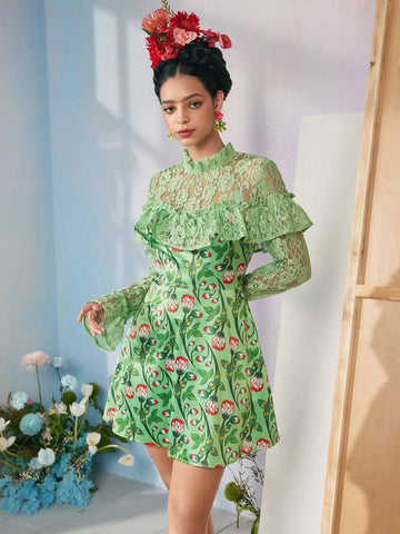 Designer Caterine Sanchez Floral Printed And Lace Flounce Short Dress