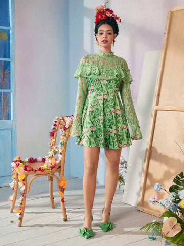 Designer Caterine Sanchez Floral Printed And Lace Flounce Short Dress