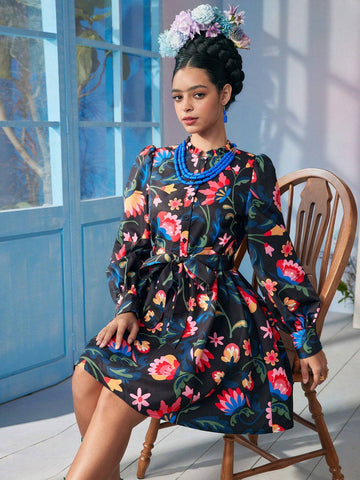 Designer Caterine Sanchez Floral Printed Frill Mock Neck Lantern Sleeve Short Dress With