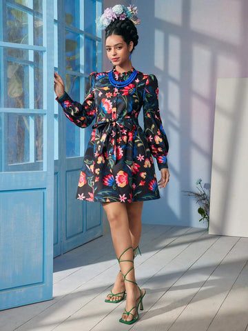 Designer Caterine Sanchez Floral Printed Frill Mock Neck Lantern Sleeve Short Dress With