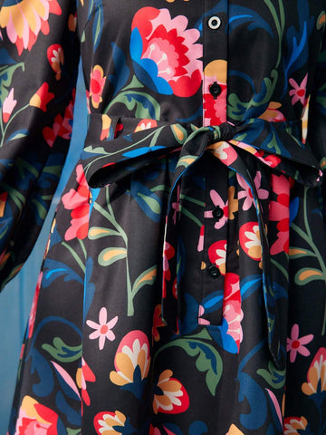 Designer Caterine Sanchez Floral Printed Frill Mock Neck Lantern Sleeve Short Dress With