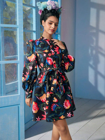 Designer Caterine Sanchez Floral Printed Frill Mock Neck Lantern Sleeve Short Dress With