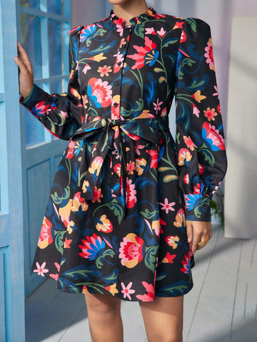 Designer Caterine Sanchez Floral Printed Frill Mock Neck Lantern Sleeve Short Dress With