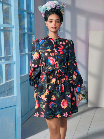 Designer Caterine Sanchez Floral Printed Frill Mock Neck Lantern Sleeve Short Dress With