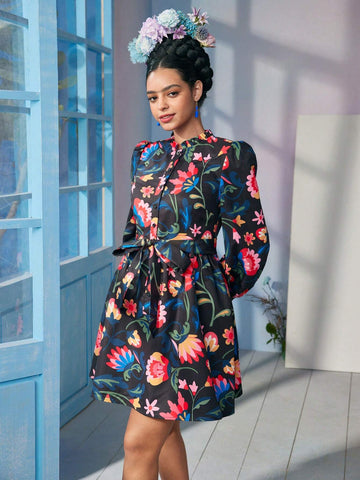 Designer Caterine Sanchez Floral Printed Frill Mock Neck Lantern Sleeve Short Dress With