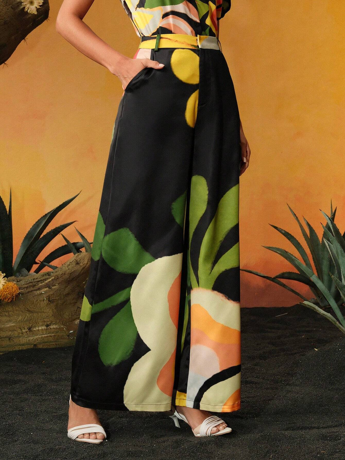 Frida Kahlo X SHEIN X Designer Caterine Sanchez Floral Printed Palazzo Pants Summer,Women Clothes,For Summer, Holiday, Thanksgiving