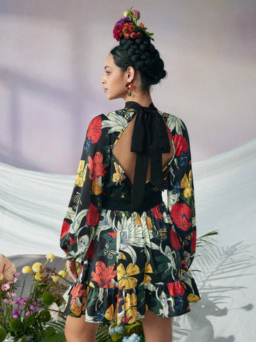 Designer ISELACOS Floral Printed Ruffle Hem Backless Bow Tie Dress