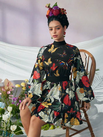 Designer ISELACOS Floral Printed Ruffle Hem Backless Bow Tie Dress