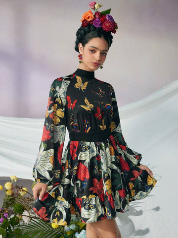 Designer ISELACOS Floral Printed Ruffle Hem Backless Bow Tie Dress