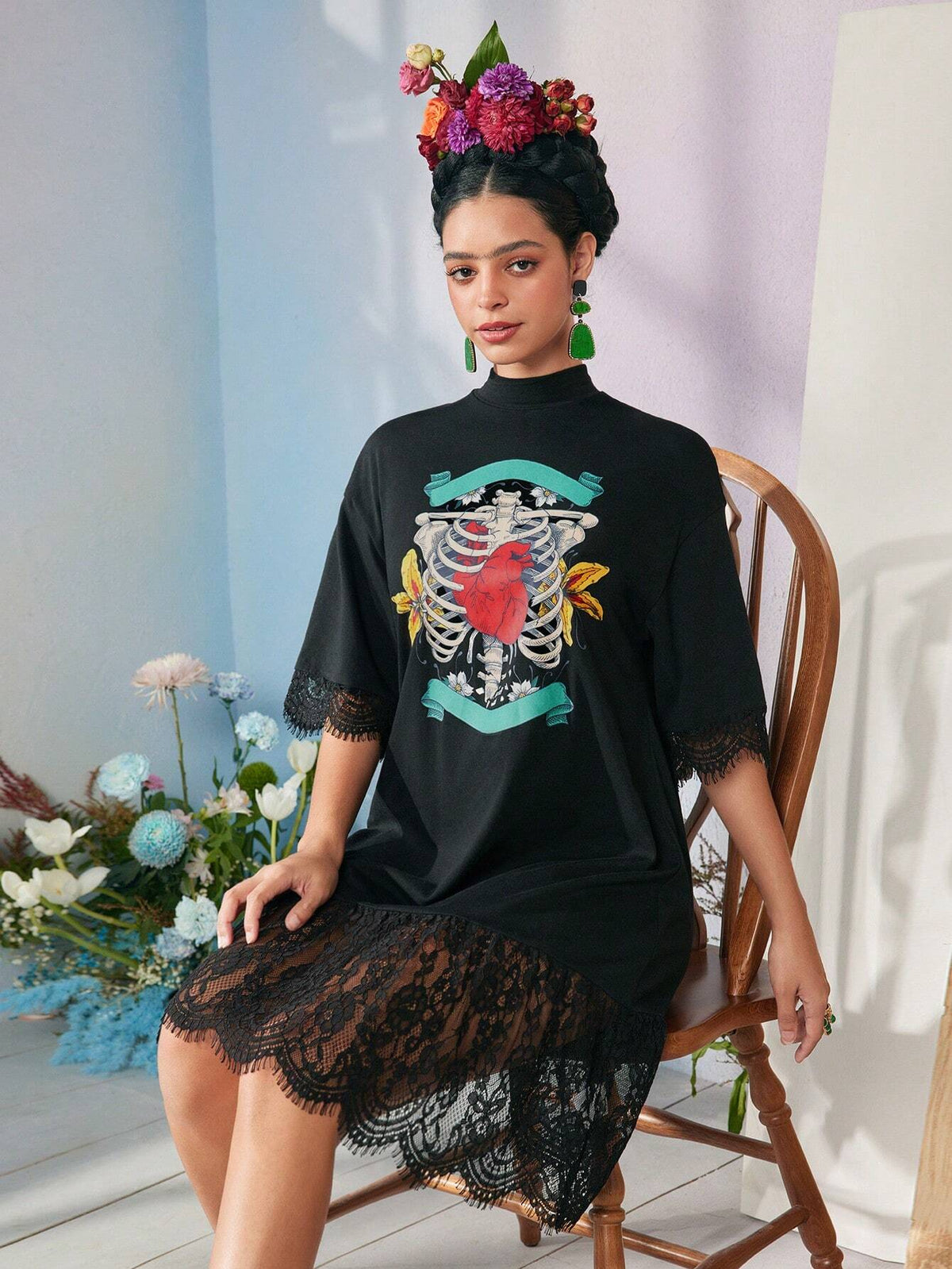 Designer Israel Jasso Skeleton & Floral Print Lace Splice Loose Short Sleeve Stand Collar Short Dress