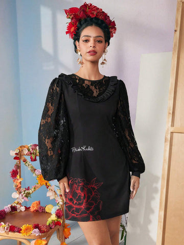 Designer KATHARSIS Flower And Letter Graphic Lace Combo Lantern Sleeve Short Dress