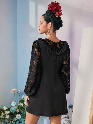 Designer KATHARSIS Flower And Letter Graphic Lace Combo Lantern Sleeve Short Dress