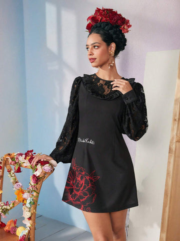 Designer KATHARSIS Flower And Letter Graphic Lace Combo Lantern Sleeve Short Dress