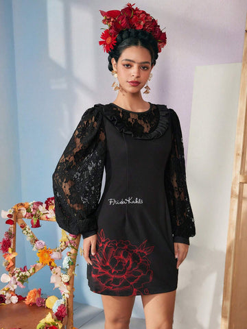 Designer KATHARSIS Flower And Letter Graphic Lace Combo Lantern Sleeve Short Dress