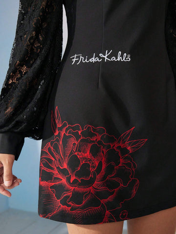 Designer KATHARSIS Flower And Letter Graphic Lace Combo Lantern Sleeve Short Dress