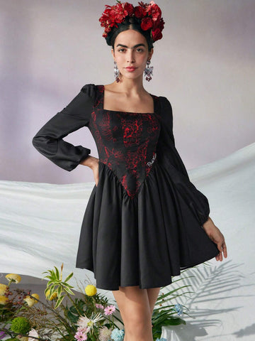 Designer KATHARSIS Lantern Sleeve Contrast Floral Print Dress