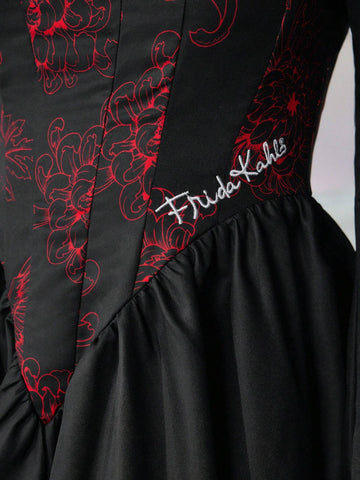 Designer KATHARSIS Lantern Sleeve Contrast Floral Print Dress