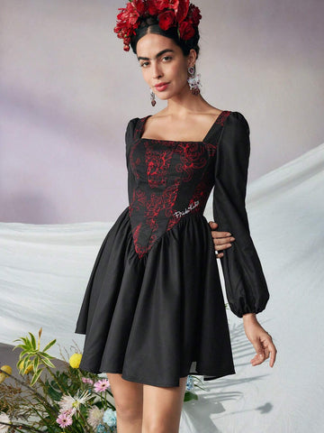 Designer KATHARSIS Lantern Sleeve Contrast Floral Print Dress
