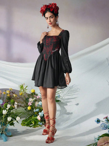 Designer KATHARSIS Lantern Sleeve Contrast Floral Print Dress