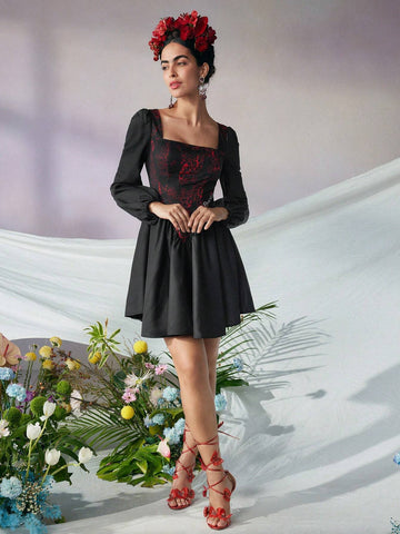 Designer KATHARSIS Lantern Sleeve Contrast Floral Print Dress