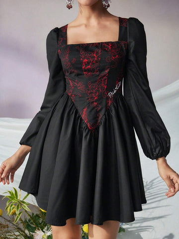Designer KATHARSIS Lantern Sleeve Contrast Floral Print Dress
