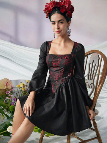 Designer KATHARSIS Lantern Sleeve Contrast Floral Print Dress