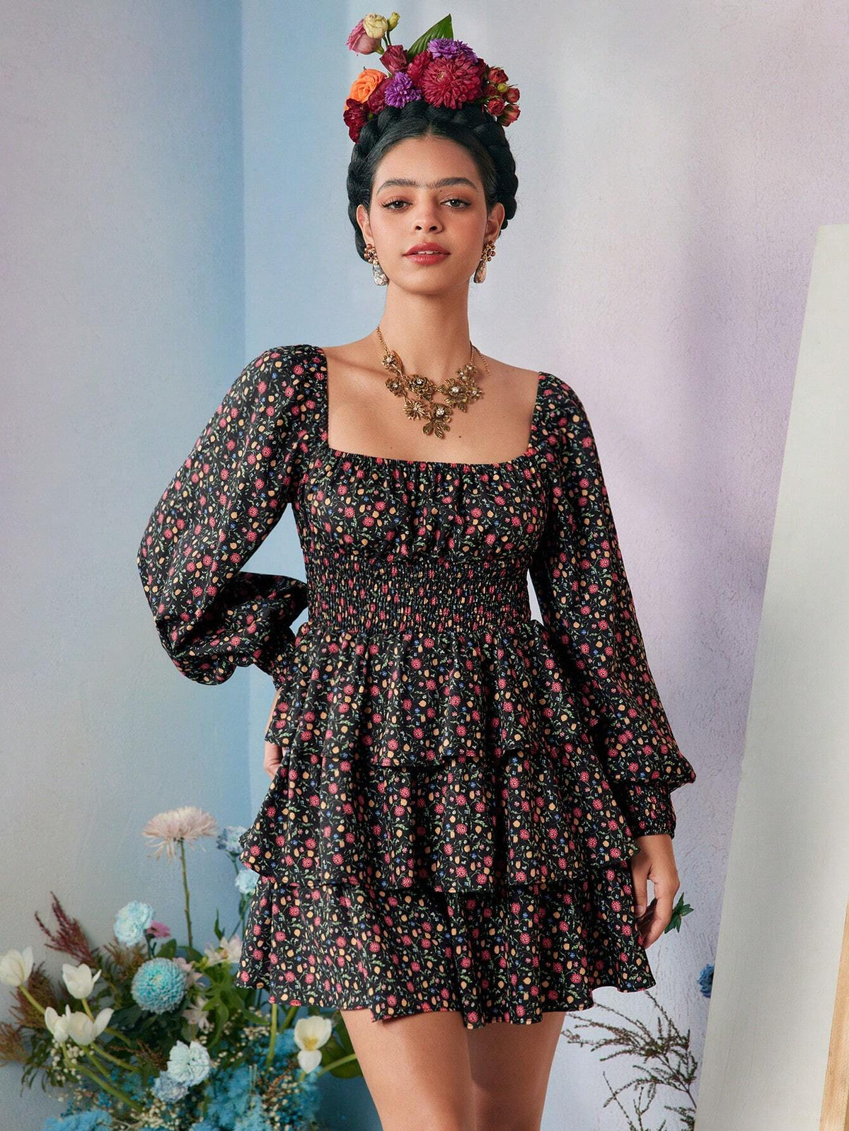 Designer RAUL OROZCO Ditsy Floral Print Square Neck Lantern Sleeve Layered Hem