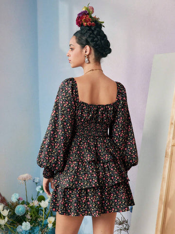 Designer RAUL OROZCO Ditsy Floral Print Square Neck Lantern Sleeve Layered Hem