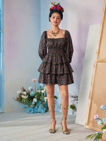 Designer RAUL OROZCO Ditsy Floral Print Square Neck Lantern Sleeve Layered Hem