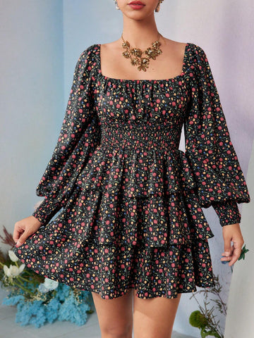 Designer RAUL OROZCO Ditsy Floral Print Square Neck Lantern Sleeve Layered Hem