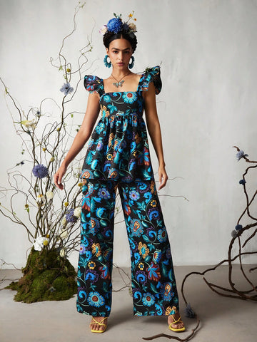 Designer RAUL OROZCO Floral Printed Slant Pocket Wide Leg Pants