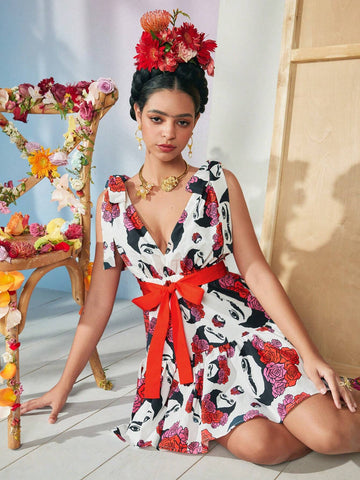 Designer VALERIA GALIPOLI Figure And Floral Print Knot Shoulder Contrast Belted Short Dress