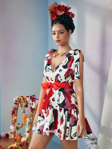 Designer VALERIA GALIPOLI Figure And Floral Print Knot Shoulder Contrast Belted Short Dress