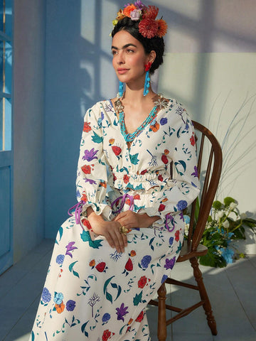 Floral Print Surplice Neck Flounce Sleeve Ruffle Hem Crop Blouse