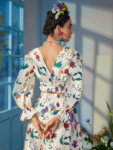 Floral Print Surplice Neck Flounce Sleeve Ruffle Hem Crop Blouse