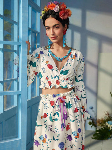Floral Print Surplice Neck Flounce Sleeve Ruffle Hem Crop Blouse