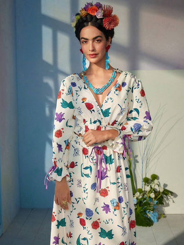 Floral Print Surplice Neck Flounce Sleeve Ruffle Hem Crop Blouse