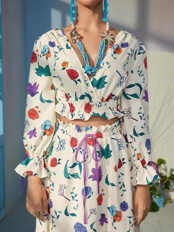Floral Print Surplice Neck Flounce Sleeve Ruffle Hem Crop Blouse