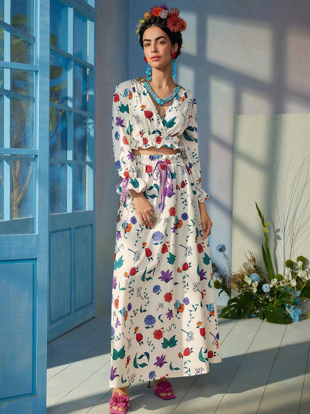 Floral Print Surplice Neck Flounce Sleeve Ruffle Hem Crop Blouse