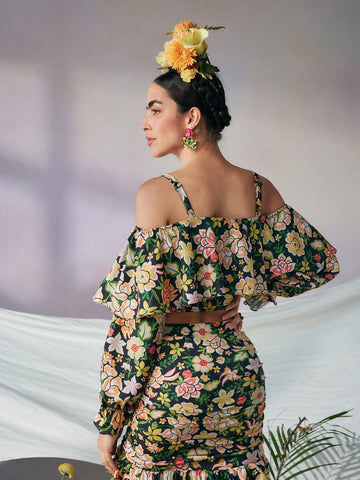 Floral Print Cold Shoulder Ruffle Trim Flounce Sleeve Crop Blouse