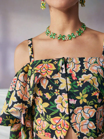 Floral Print Cold Shoulder Ruffle Trim Flounce Sleeve Crop Blouse