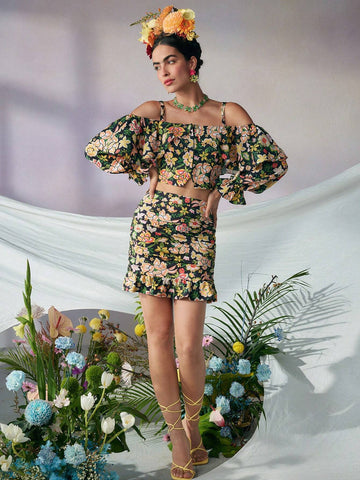 Floral Print Cold Shoulder Ruffle Trim Flounce Sleeve Crop Blouse