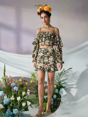 Floral Print Cold Shoulder Ruffle Trim Flounce Sleeve Crop Blouse